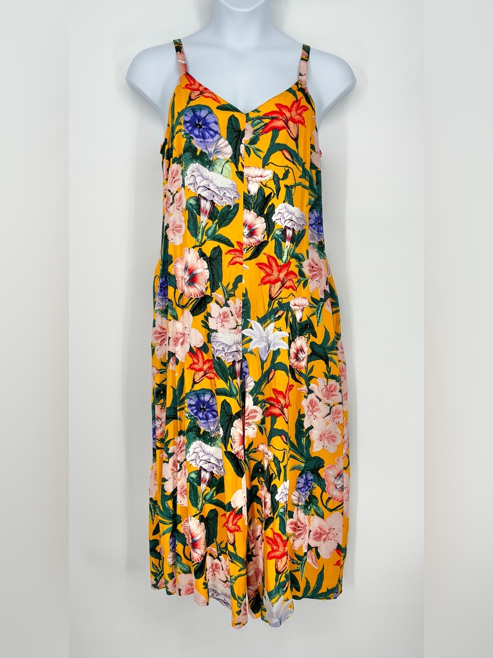 MSK Mustard Yellow Retro Floral Rayon Wide Leg Spaghetti Strap Jumpsuit Size L